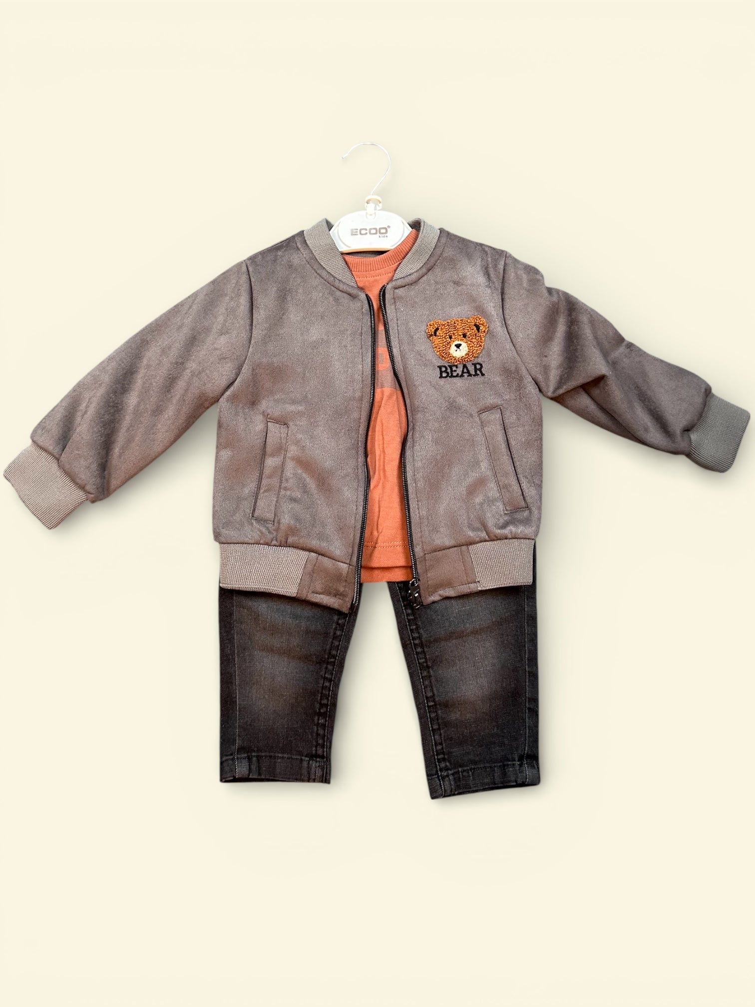 Boys - jacket grey suede look, jeans and long sleeve shirt