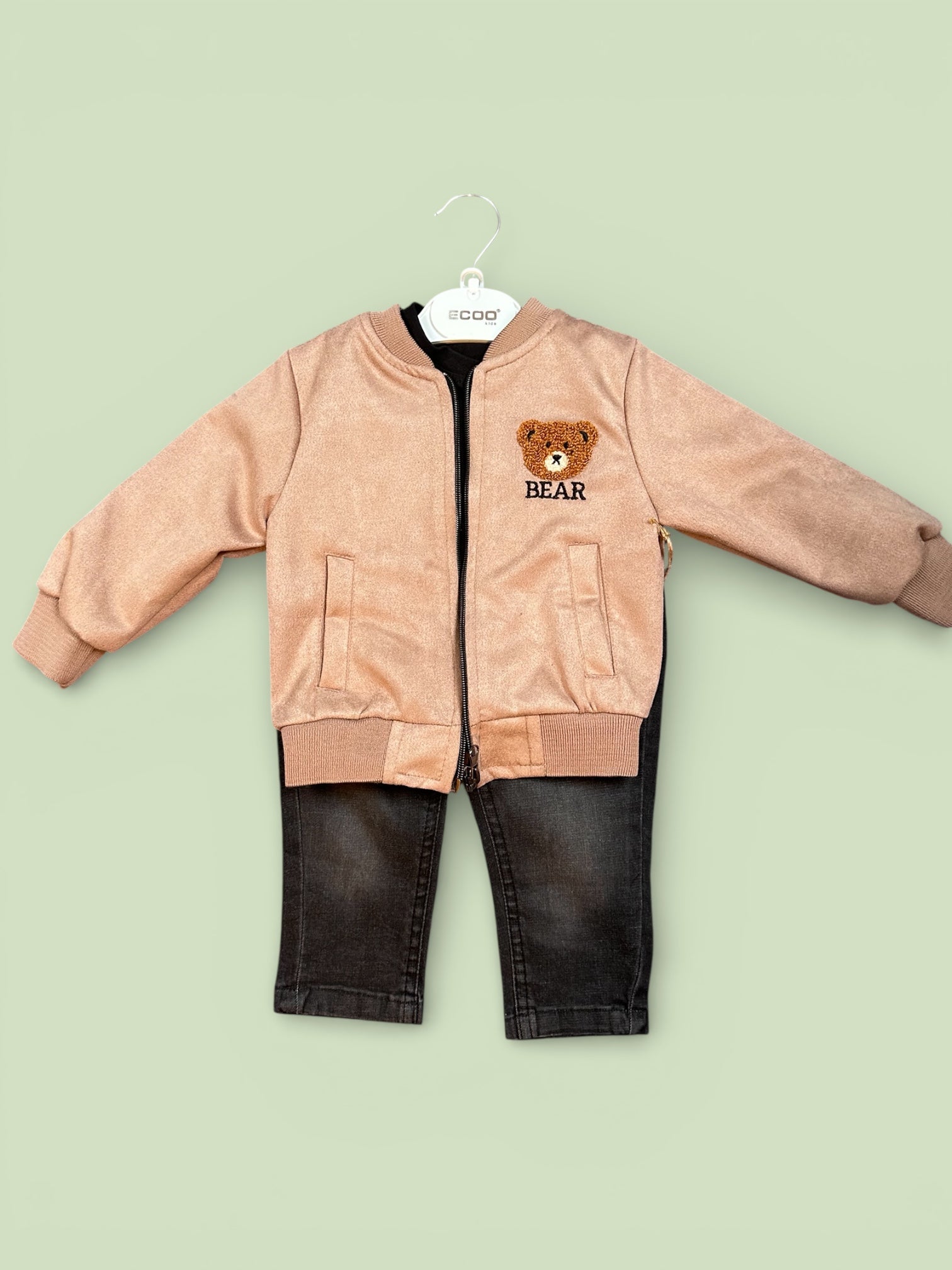 Boys - jacket suede look, jeans and long sleeve shirt