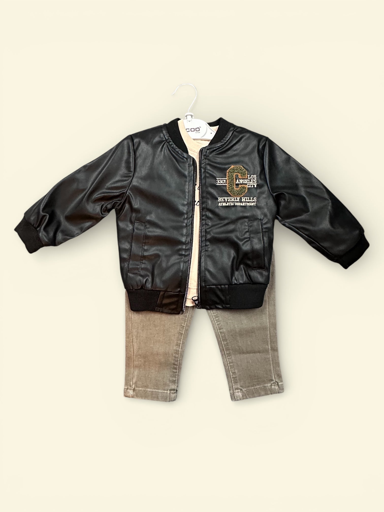 Boys - faux leather jacket, jeans and long -sleeve top