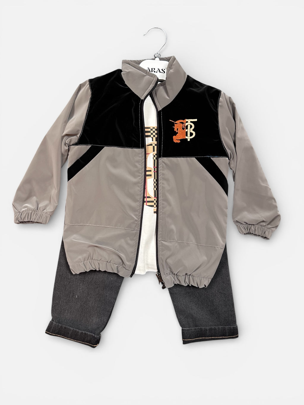 Two tone jacket, jeans and long sleeve shirt