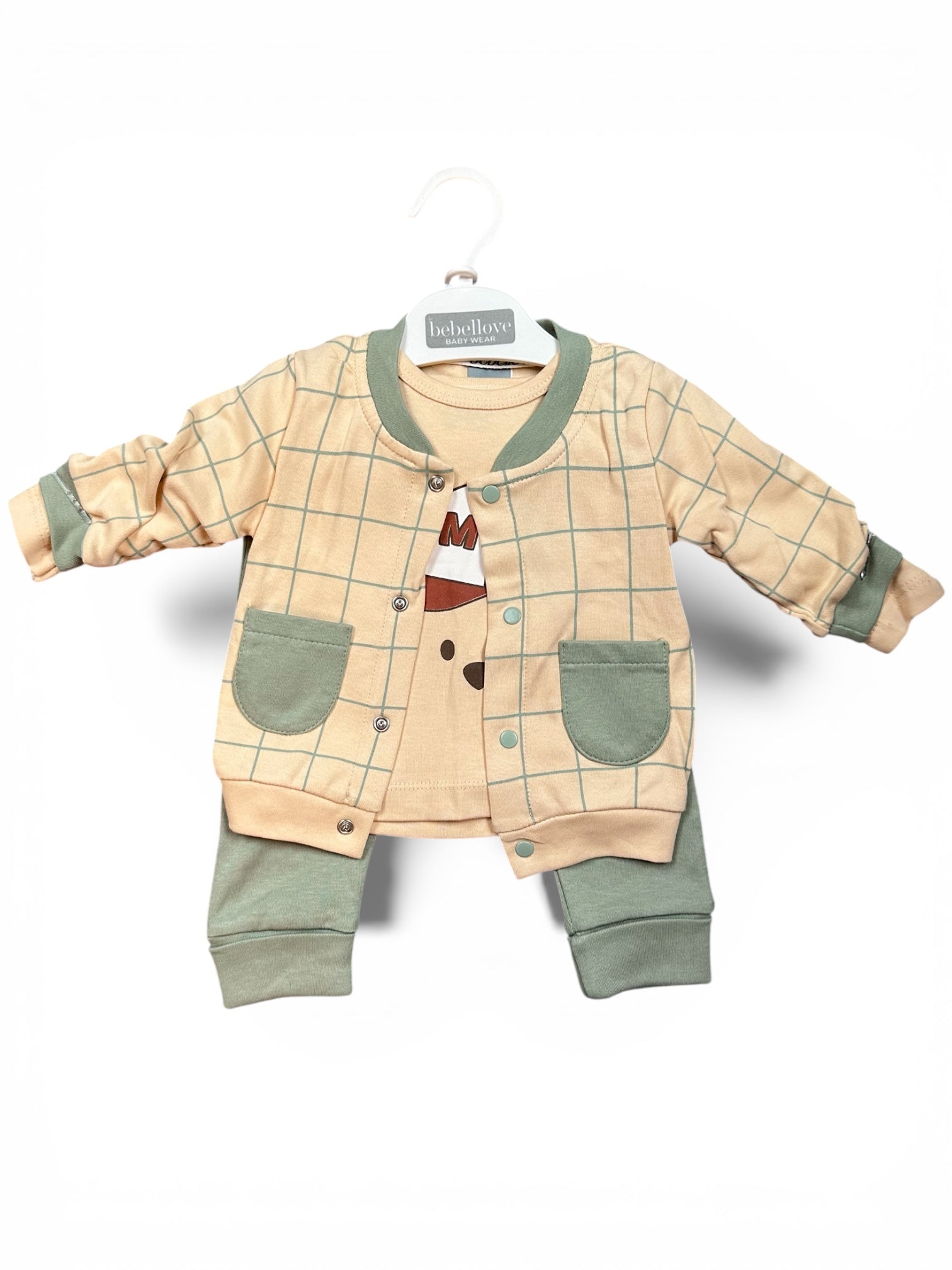 Button down jacket, elastic-waist pants and printed shirt