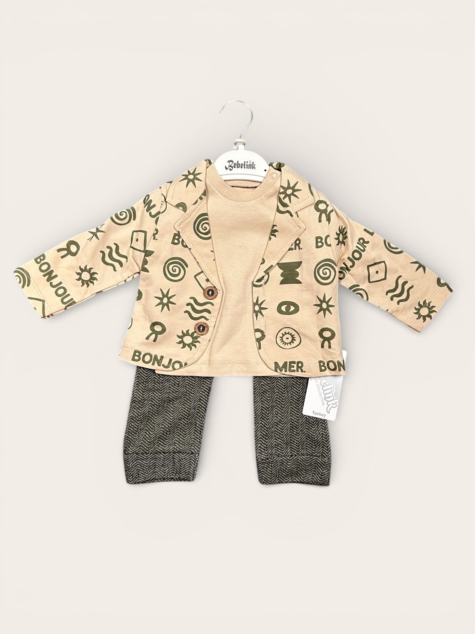 Baby 3-piece set printed blazer-jacket, neutral t-shirt, comfortable textured pants