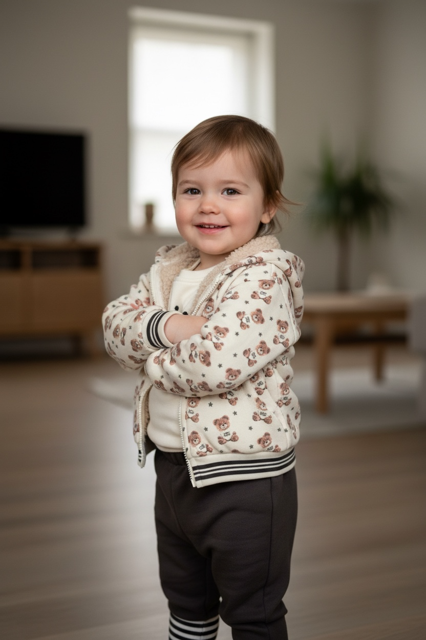 Hooded jacket (bear print), jogging pants & printed long sleeve shirt