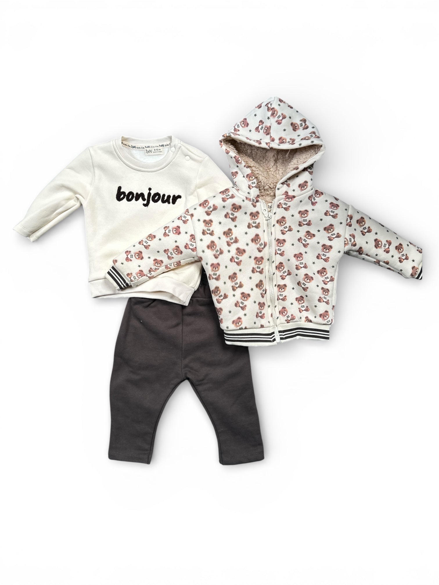 Hooded jacket (bear print), jogging pants & printed long sleeve shirt