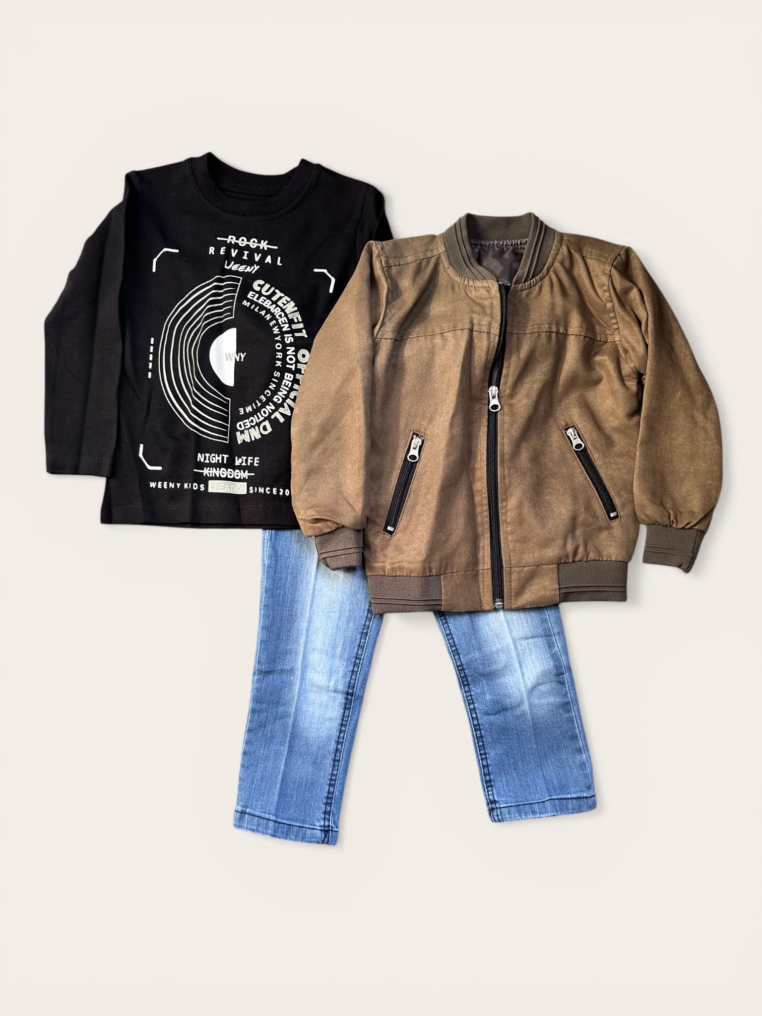 Boys suede/velvet feel jacket with jeans and shirt
