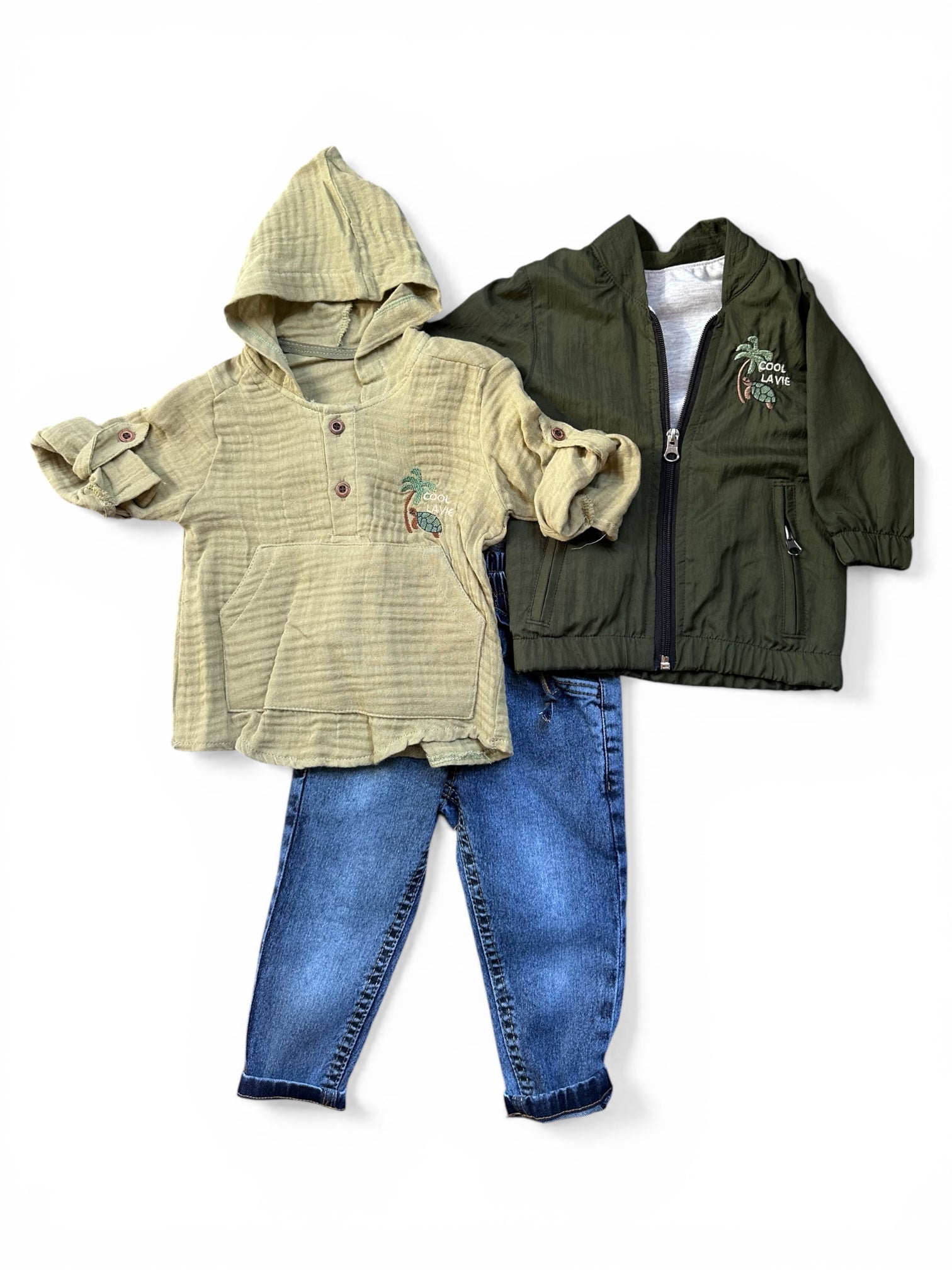 Boys green jacket with casual shirt and jeans