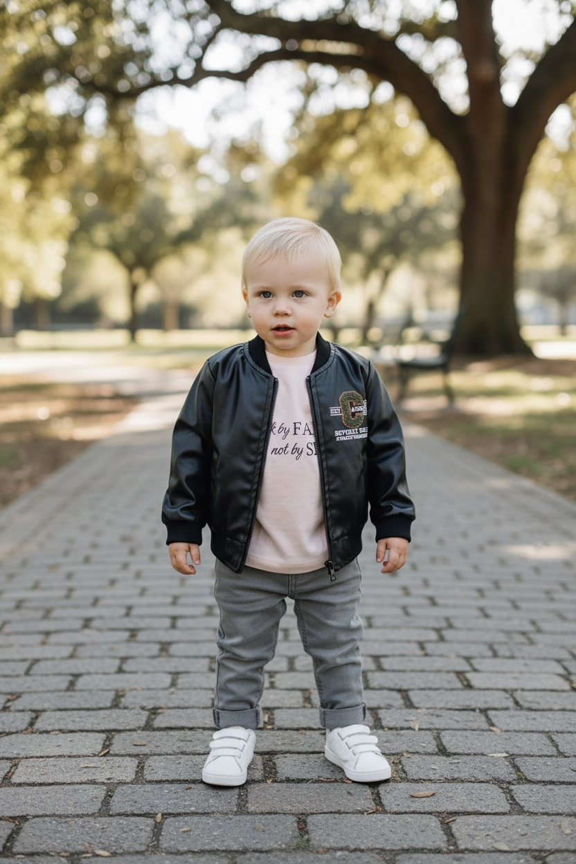 Boys - faux leather jacket, jeans and long -sleeve top