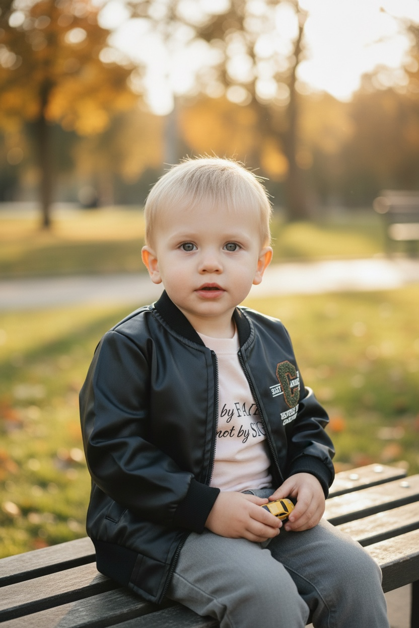 Boys - faux leather jacket, jeans and long -sleeve top