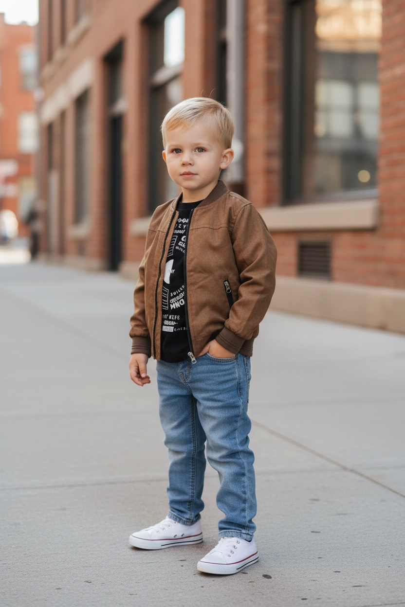 Boys suede/velvet feel jacket with jeans and shirt