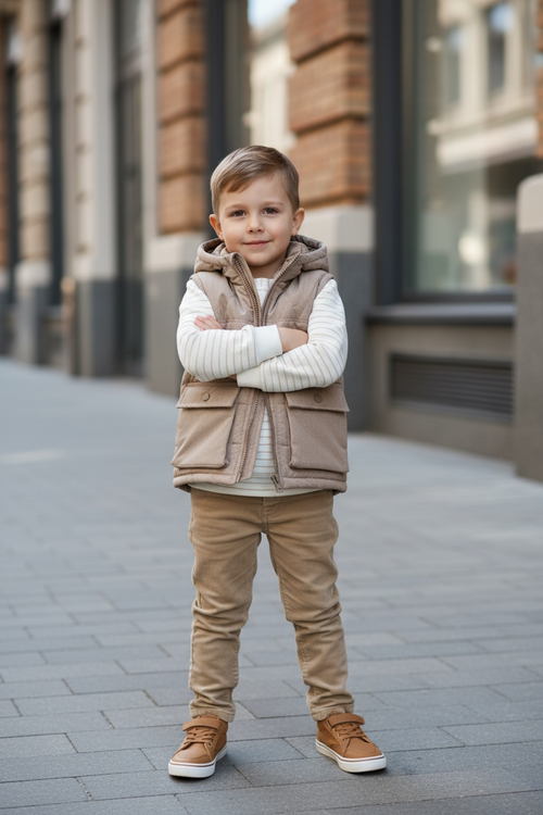 Body warmer, jeans and long sleeve shirt