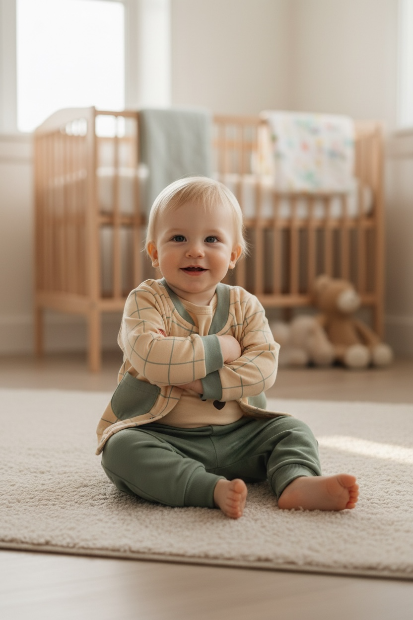 Button down jacket, elastic-waist pants and printed shirt