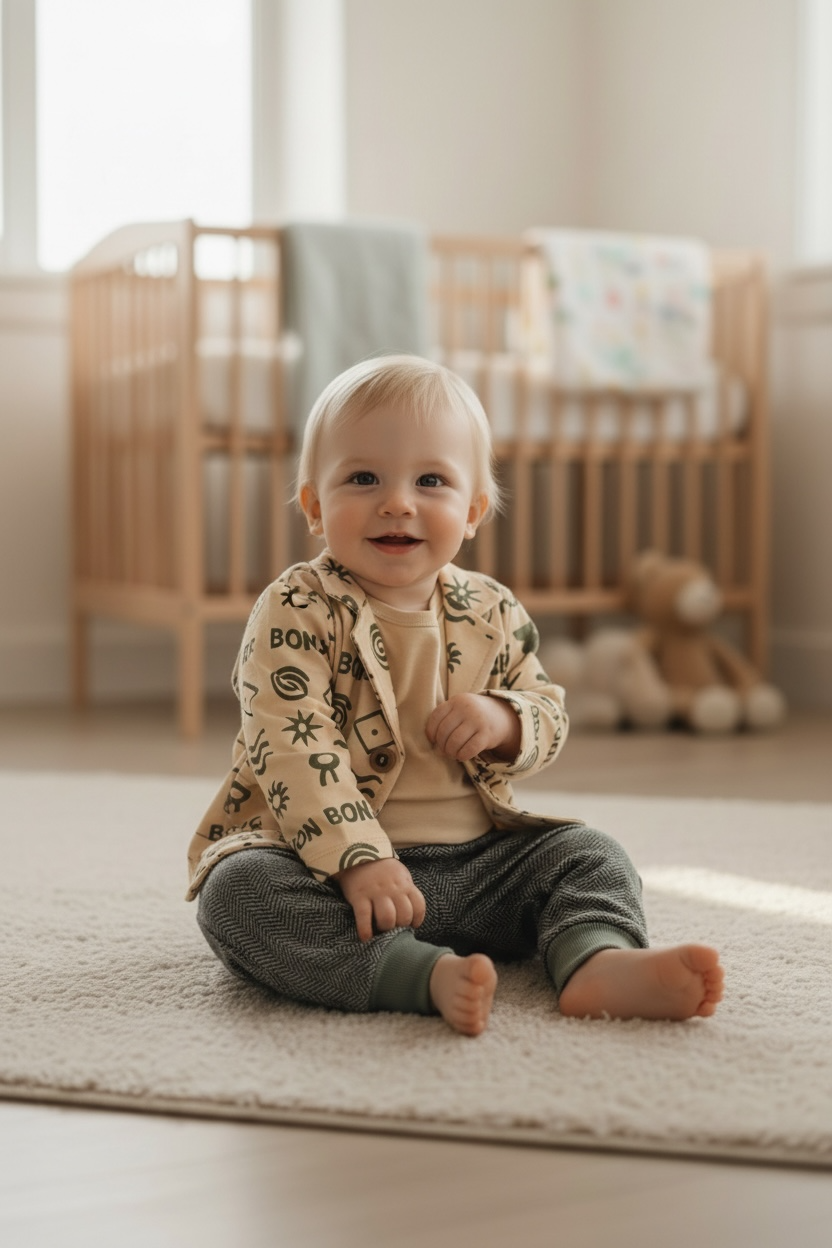 Baby 3-piece set printed blazer-jacket, neutral t-shirt, comfortable textured pants