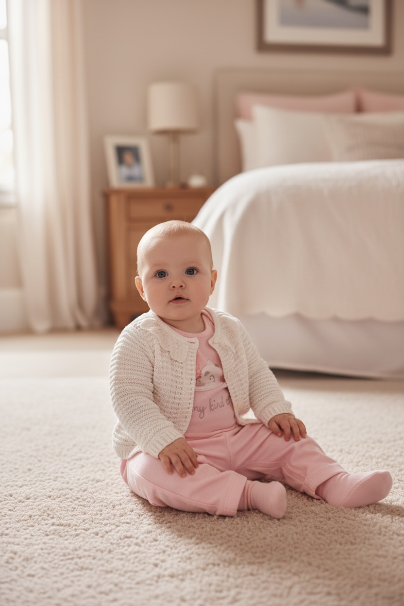 Knitted cardigan, soft jogging trousers and long sleeve shirt.
