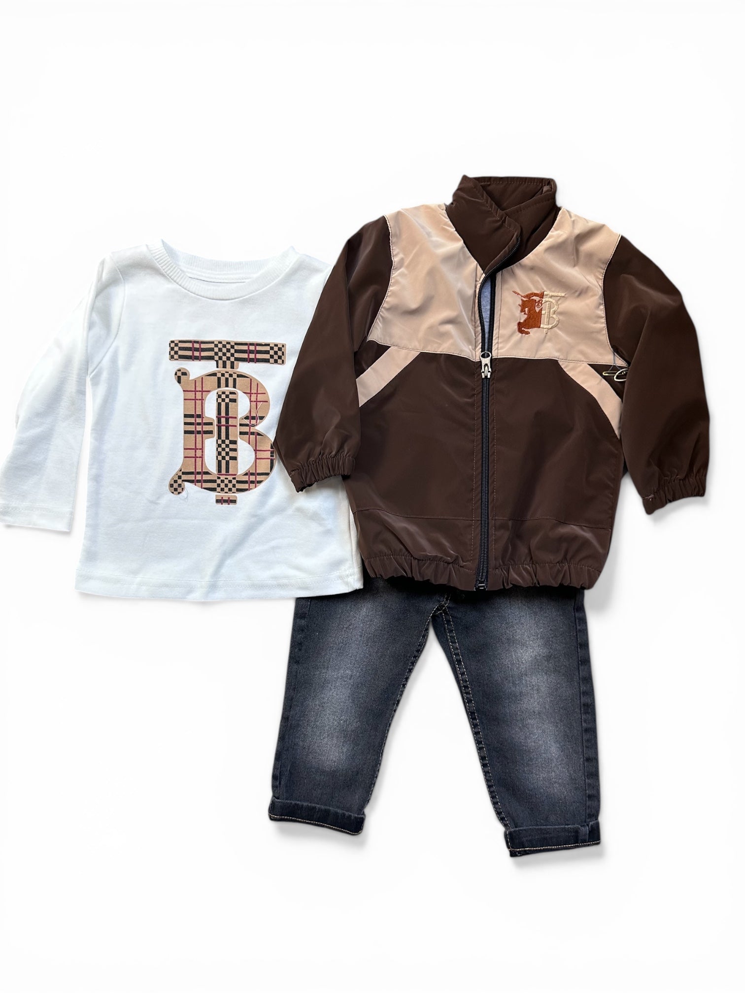 Two tone jacket, jeans and long sleeve shirt