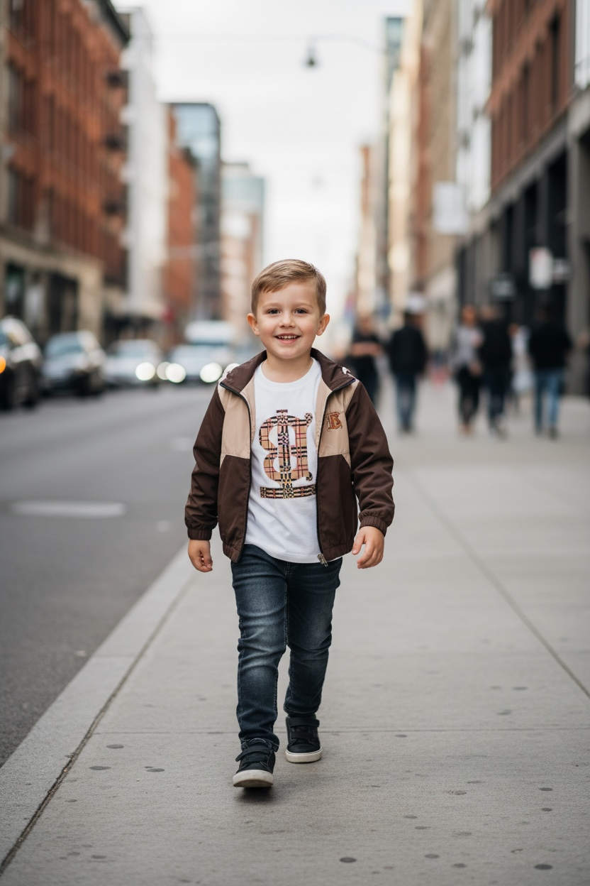 Two tone jacket, jeans and long sleeve shirt