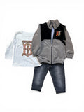 Two tone jacket, jeans and long sleeve shirt
