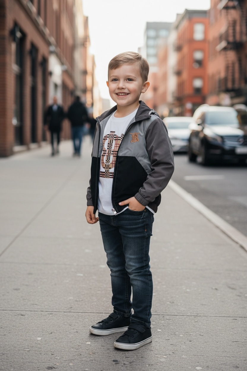 Two tone jacket, jeans and long sleeve shirt