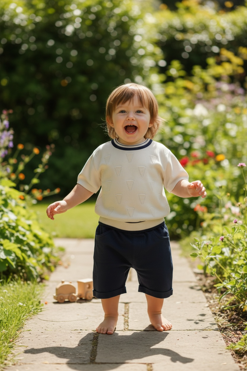 Boys crew neck with dark blue shorts