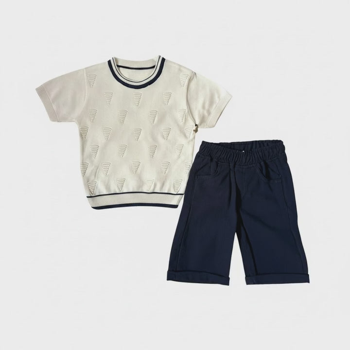 Boys crew neck with dark blue shorts